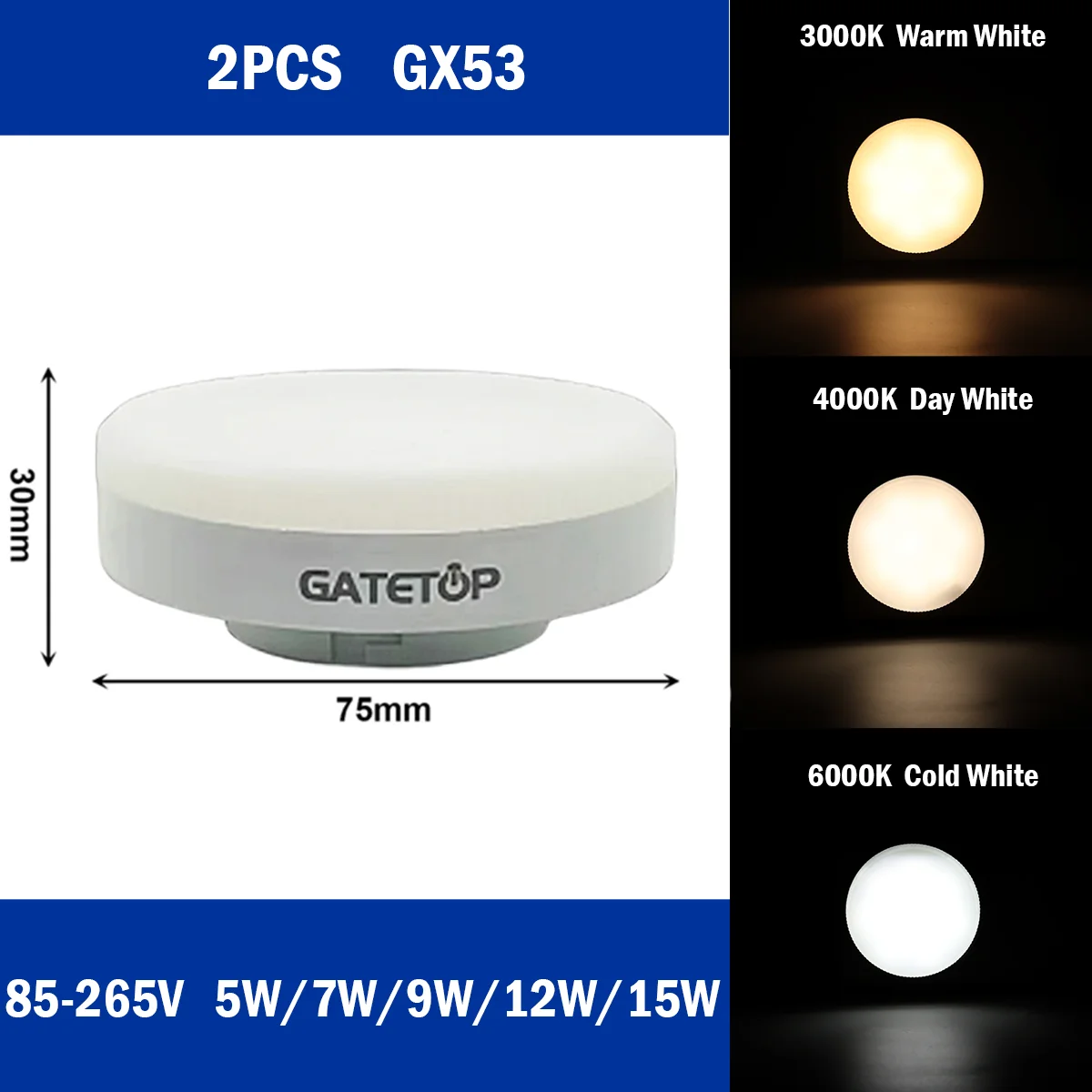 LED ƮƮ, GX53  , ׸  AC85-265V,  ,   , ξ , 5W-15W, 100LM/W, 2 